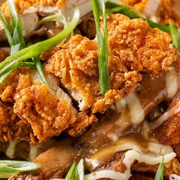 Crispy fried chicken pieces, gravy, cheese curds, and potato wedges, garnished with green onions.