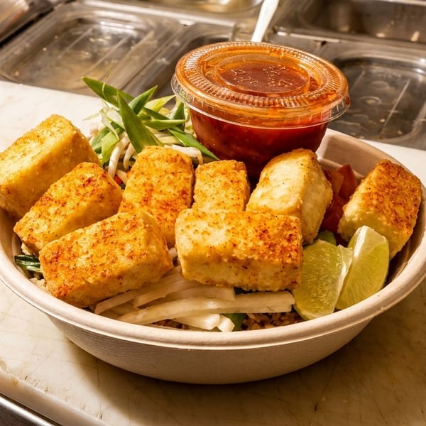 A bowl of crispy fried tofu, green onions, lime wedges, and a side of chili sauce.