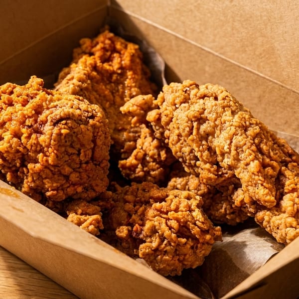Crispy fried chicken pieces in a brown cardboard takeout box on a wooden table.