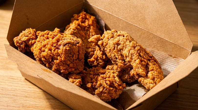 Crispy fried chicken pieces in a brown cardboard takeout box on a wooden table.