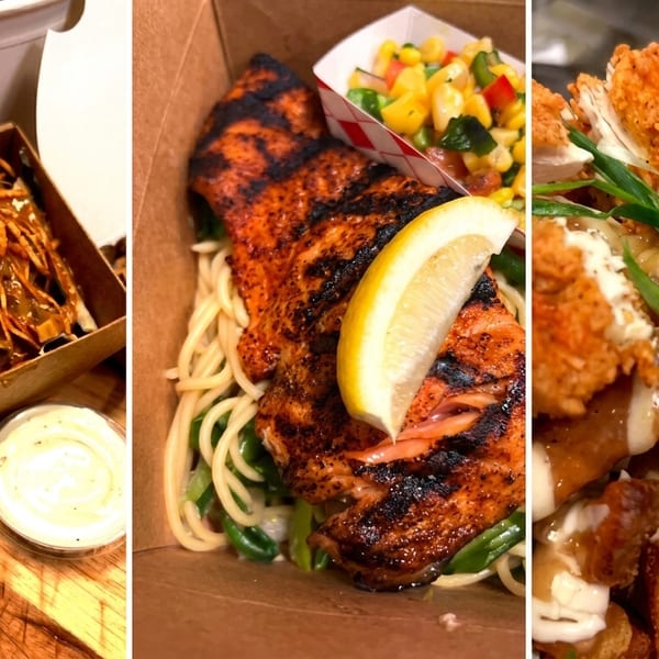 Three takeout containers with various dishes: crispy noodles, grilled salmon with pasta, and fried chicken with fries.