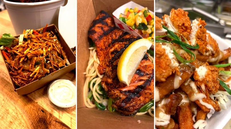 Three takeout containers with various dishes: crispy noodles, grilled salmon with pasta, and fried chicken with fries.