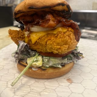 BBQ Bacon Cheddar Fried Chicken Sandwich