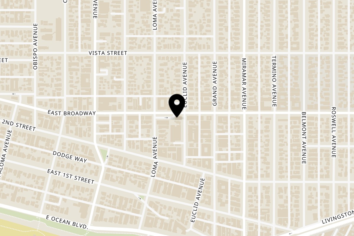 Map showing the location of Lacquered Restaurant on 3632 E Broadway in Long Beach